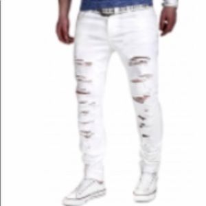 Men’s New white jeans ripped up look hot on
